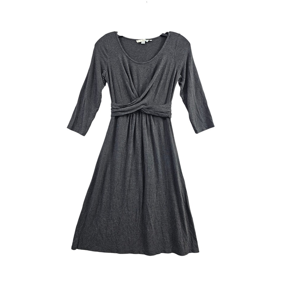 Boden Twist Front Dress Women Size 4L Gray Solid Jersey Knit 3/4 Sleeve Midi Fit